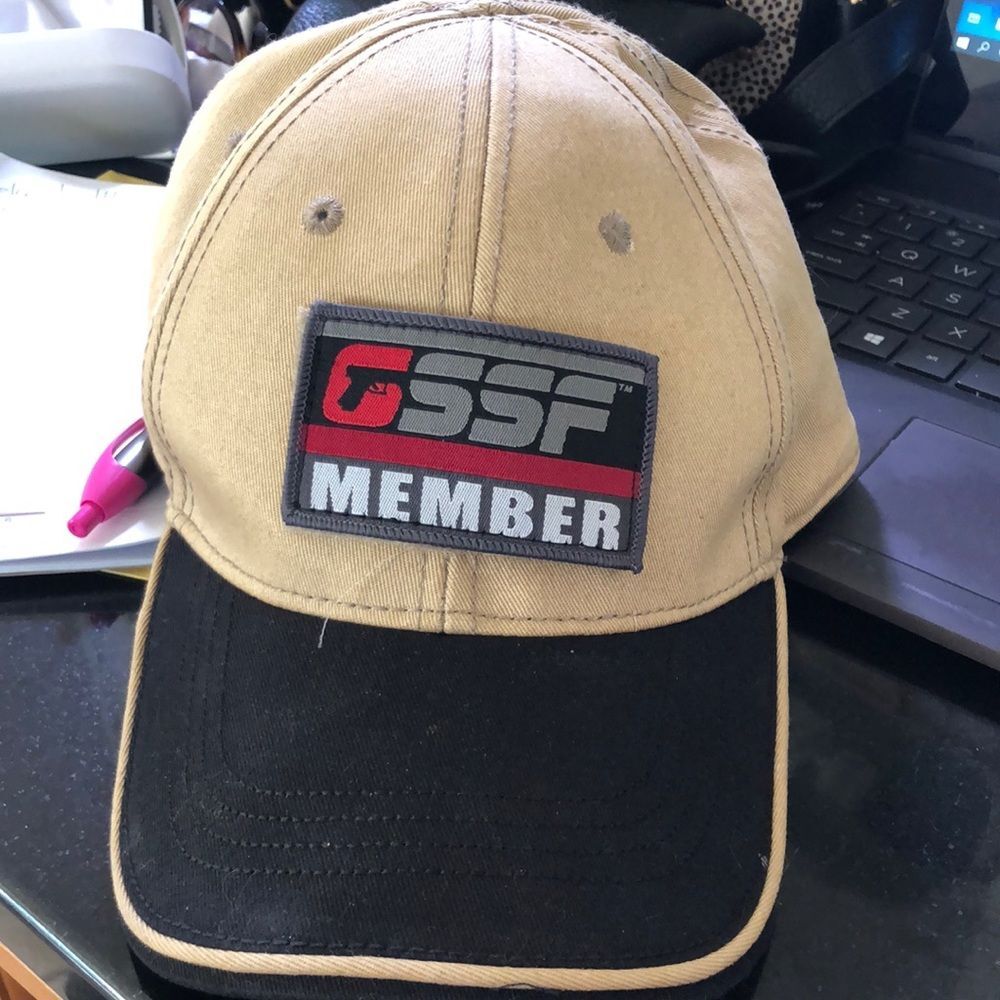 Glock hat tan with black rim Velcro logo GSSF MEMBER